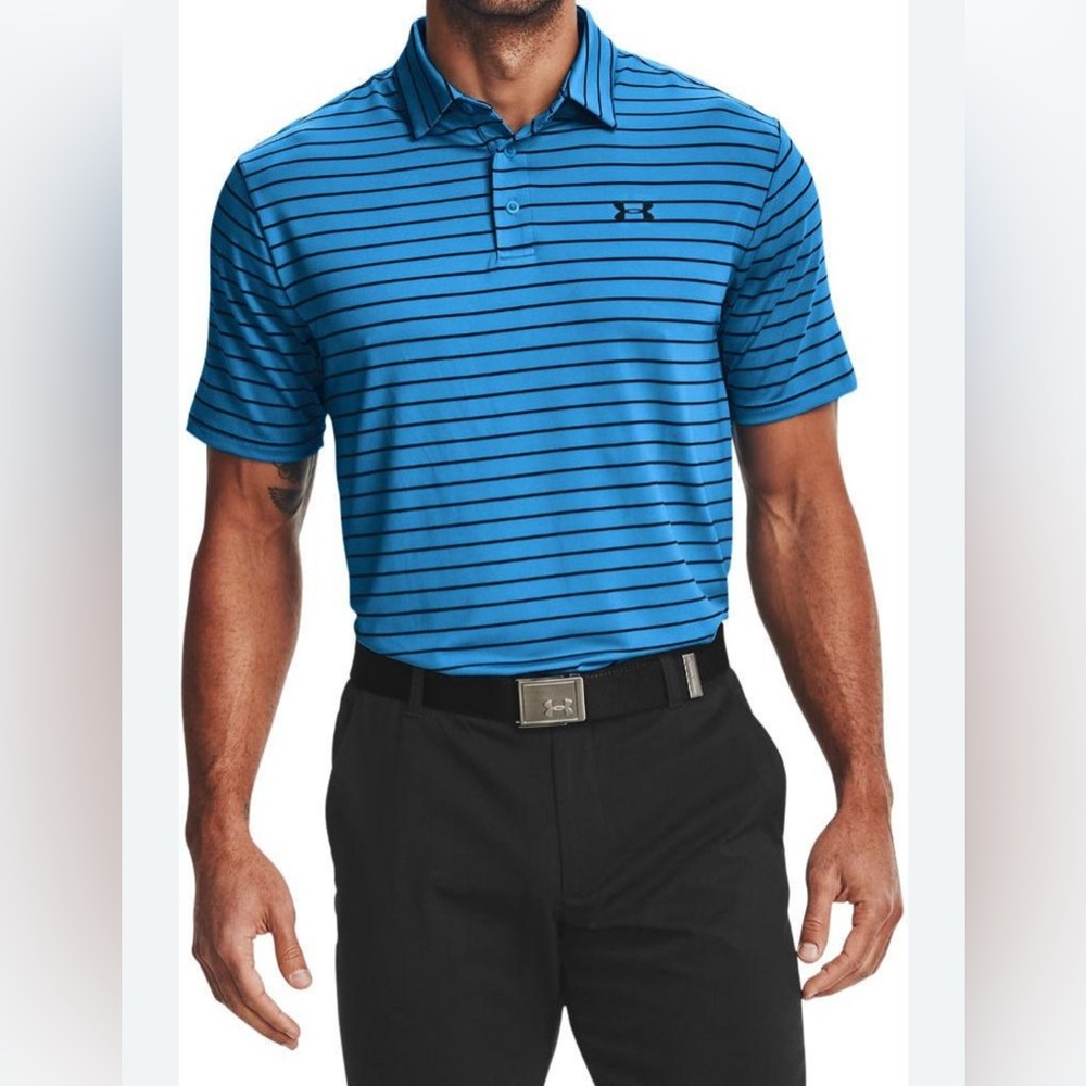Under Armour Men's Medium Polo Coldblack Heat Gear Striped S/S Golf Shirt